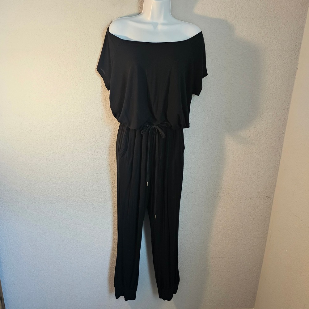Express 2019 off shoulder short sleeve jogger leg‎ jumpsuit large black sporty.